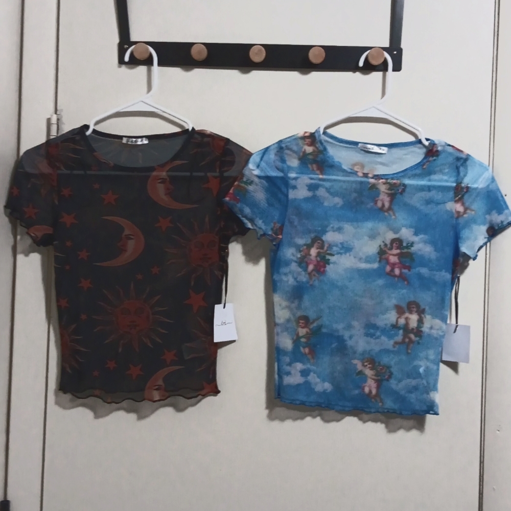 NWT! KTK Bundle of 2 Sheer Crop Tops! Cherubs and Sun, Moon, & Stars.